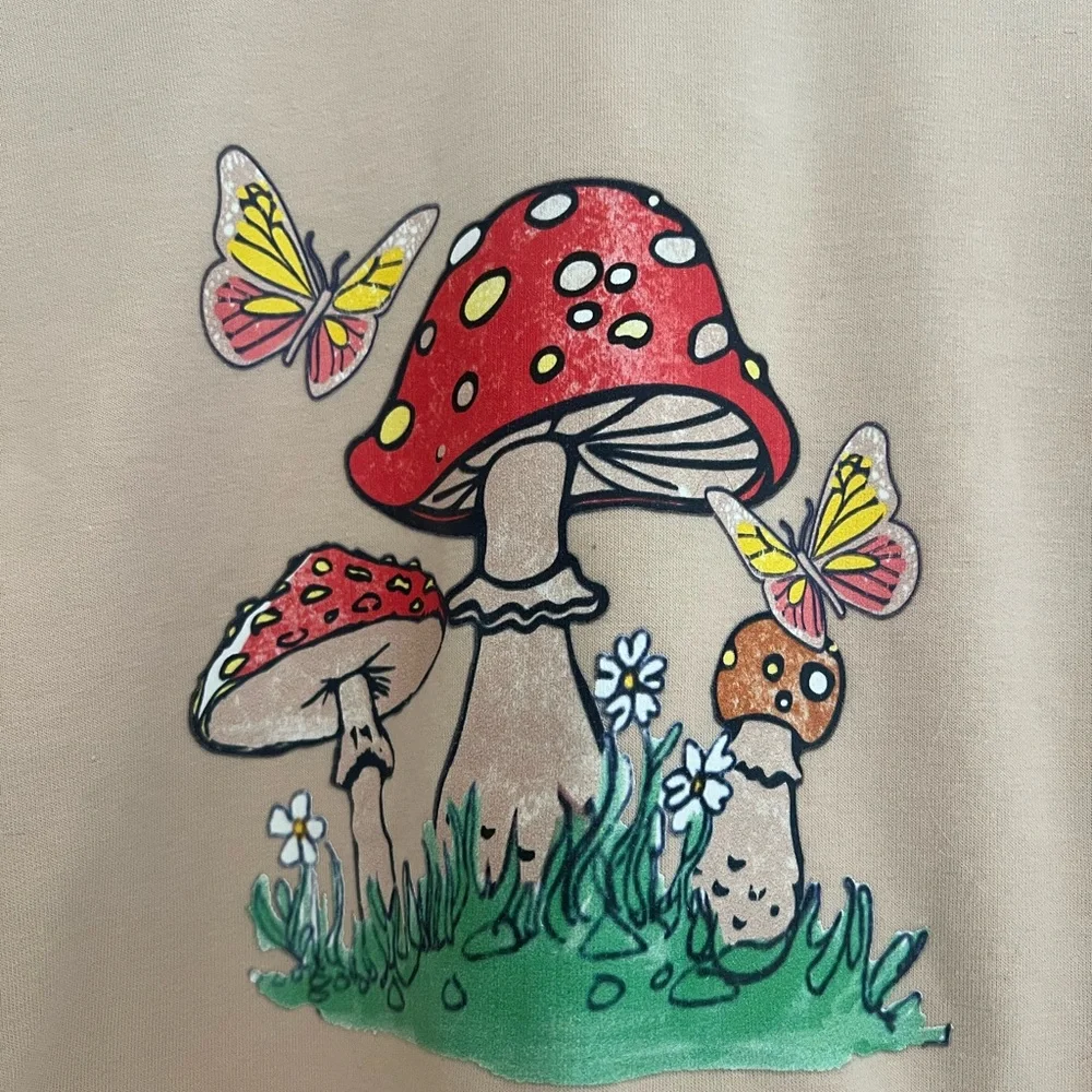 Shein Teen Mushroom & Butterfly Graphic Crop Sweatshirt Size 12-13Y Peach Beige
